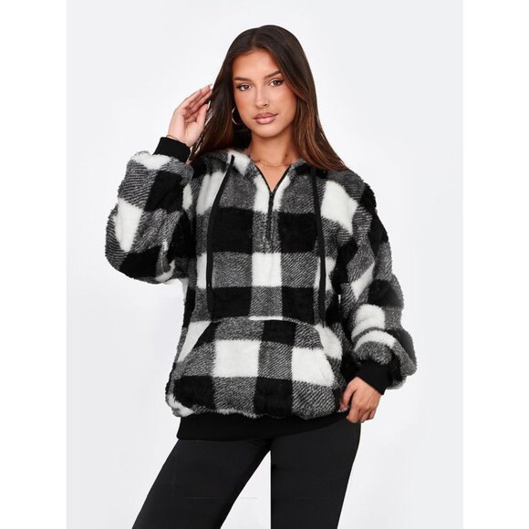 Women Black and White Plaid Oversized Fuzzy Fleece Zip up Hoodie Sweatshirt - Picture 2 of 5